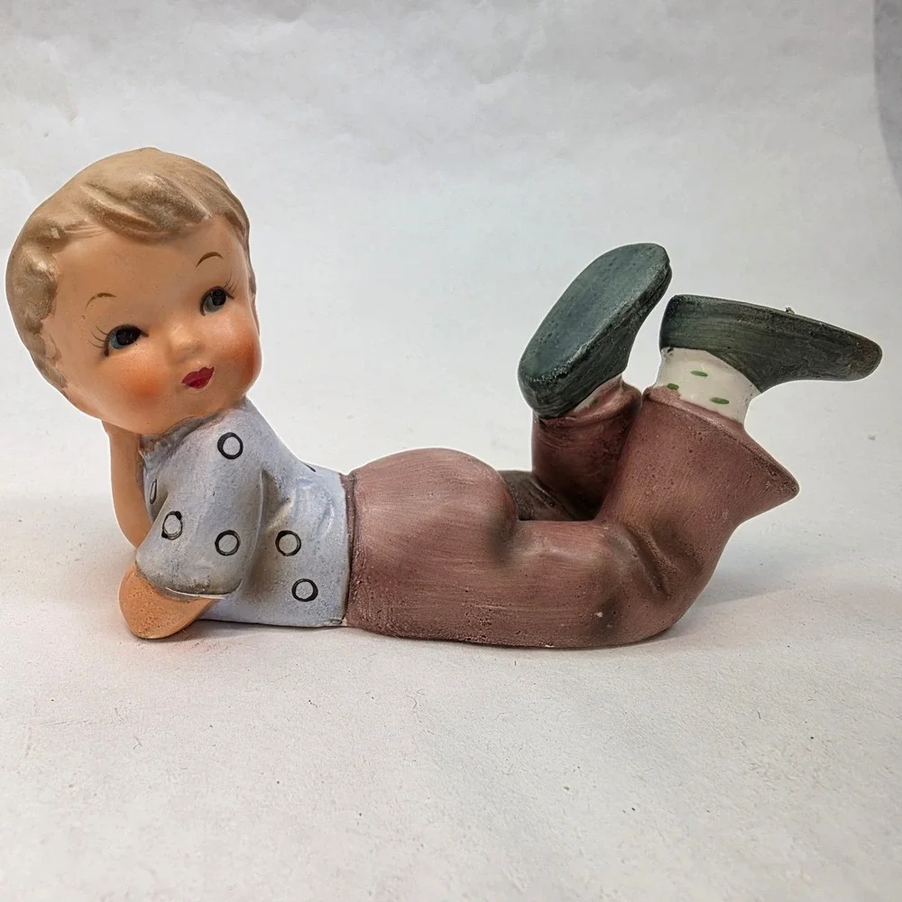 Vintage Boy Figurine Lying Down on Stomach MCM Piano Baby Nursery Decor